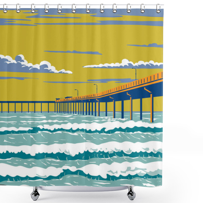 Personality  WPA Poster Art Of Surf Beach At Ocean Beach Municipal Pier Or OB Pier In San Diego County, California, United States USA Done In Works Project Administration. Shower Curtains