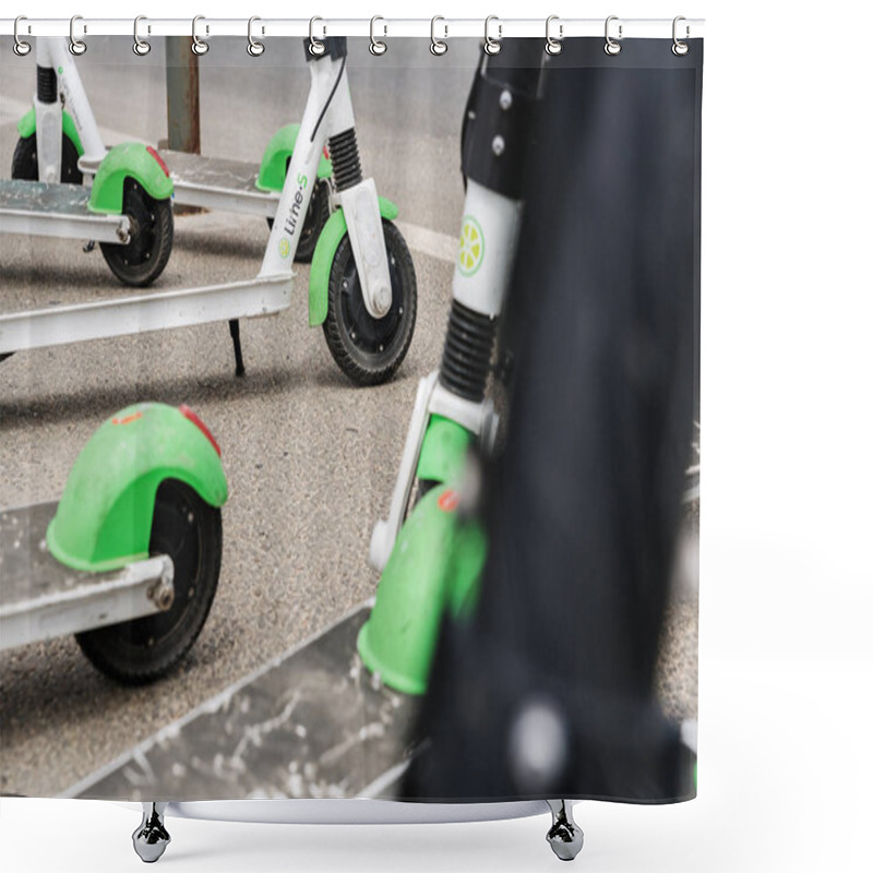 Personality  Valencia, Spain - April 29, 2019: Group Of Electric Scooters For Shower Curtains