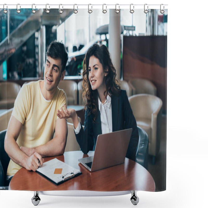 Personality  Smiling Car Dealer And Customer Sitting At Table And Looking Away Shower Curtains