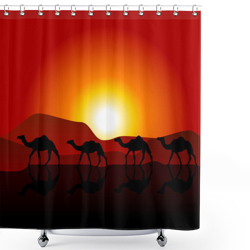 Personality  Silhouettes Of Caravan Of Camels On Desert Sunset  Shower Curtains