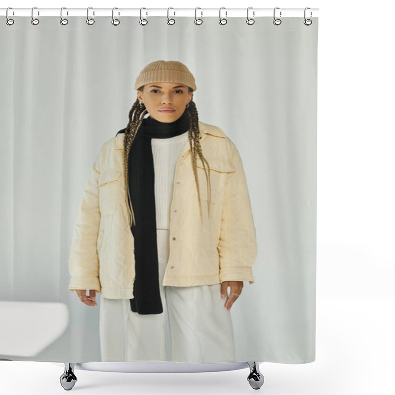 Personality  Stylish Young Woman In Fashionable Autumn Attire Posing Actively. Shower Curtains