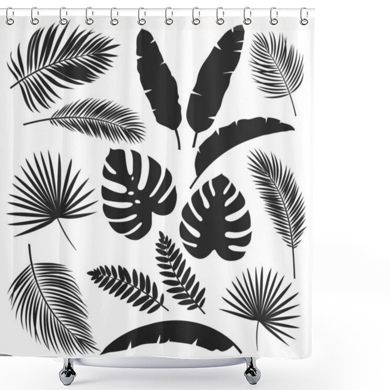 Personality  Set Vector Silhouettes Tropical Leaves. Monochrome Jungle Exotic Leaf Philodendron, Areca Palm, Royal Fern, Banana Leaf. Illustration For Summer Tropical Paradise Advertising Design Vacation. Shower Curtains