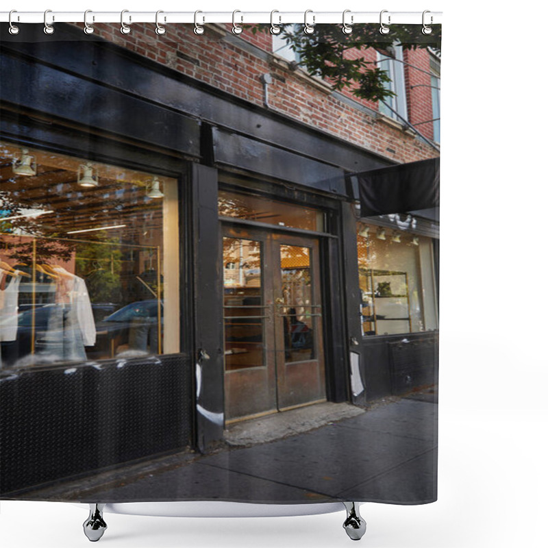 Personality  Clothing Store With Glass Showcases On Street In Shopping District Of New York City, Urban Scene Shower Curtains