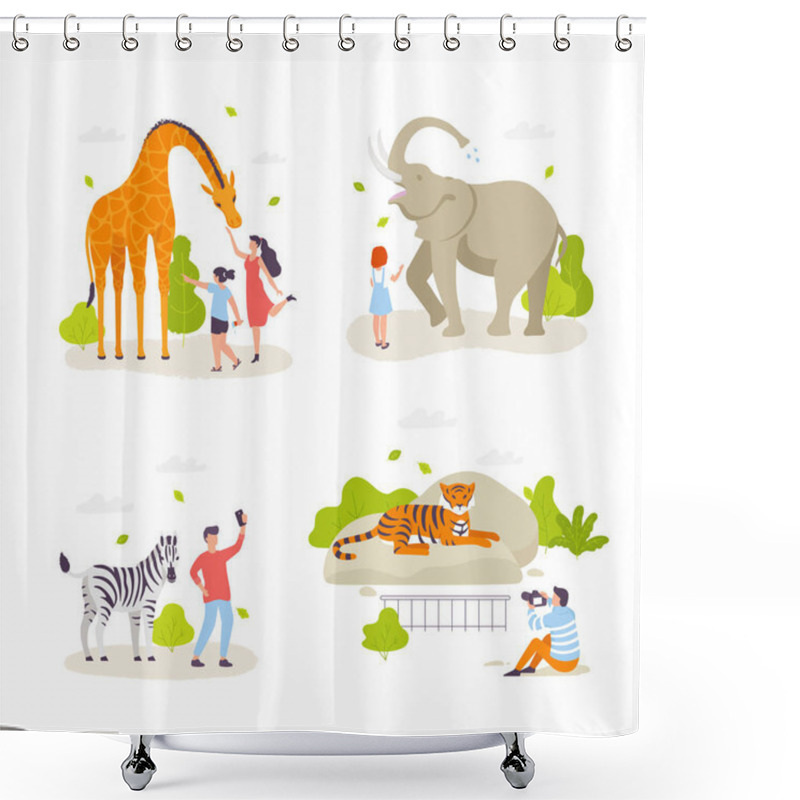 Personality  People In The Zoo Looking At Animals And Acting With Them. Cute Wild Animals, Cheerful People, Children Cartoon Characters Flat Design. Giraffe, Elephant, Zebra, Tiger Isolated. Infographic Elements. Shower Curtains