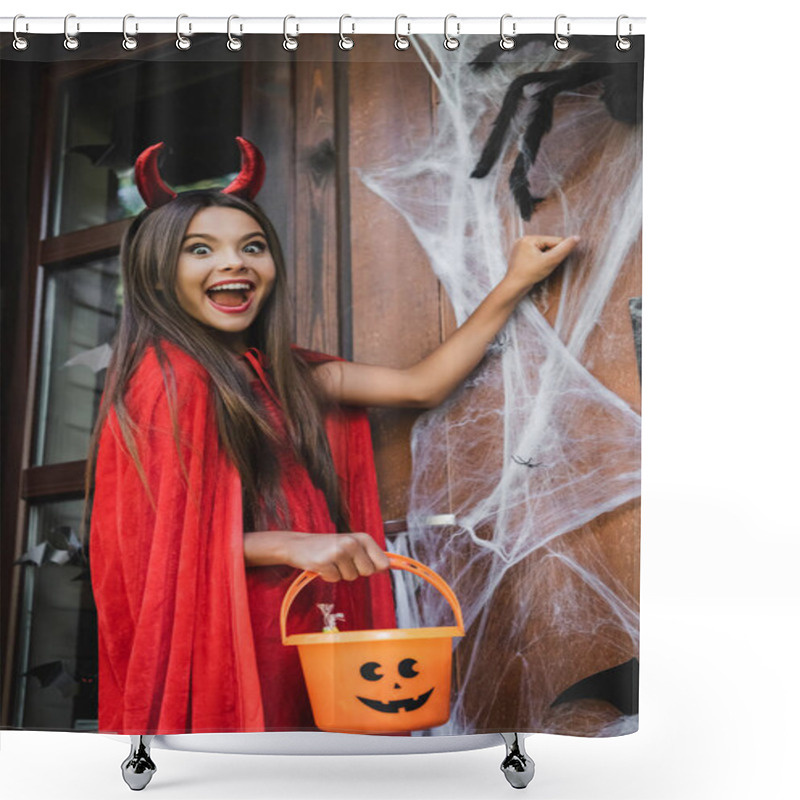 Personality  Excited Girl In Devil Halloween Costume Holding Bucket While Knocking At Door With Spider Net Shower Curtains