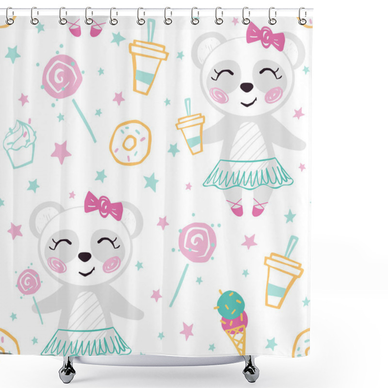 Personality  Panda Baby Girl Cute Seamless Pattern. Sweet Bear With Ice Cream, Sweets, Lollipop, Coffee, Tutu Shower Curtains