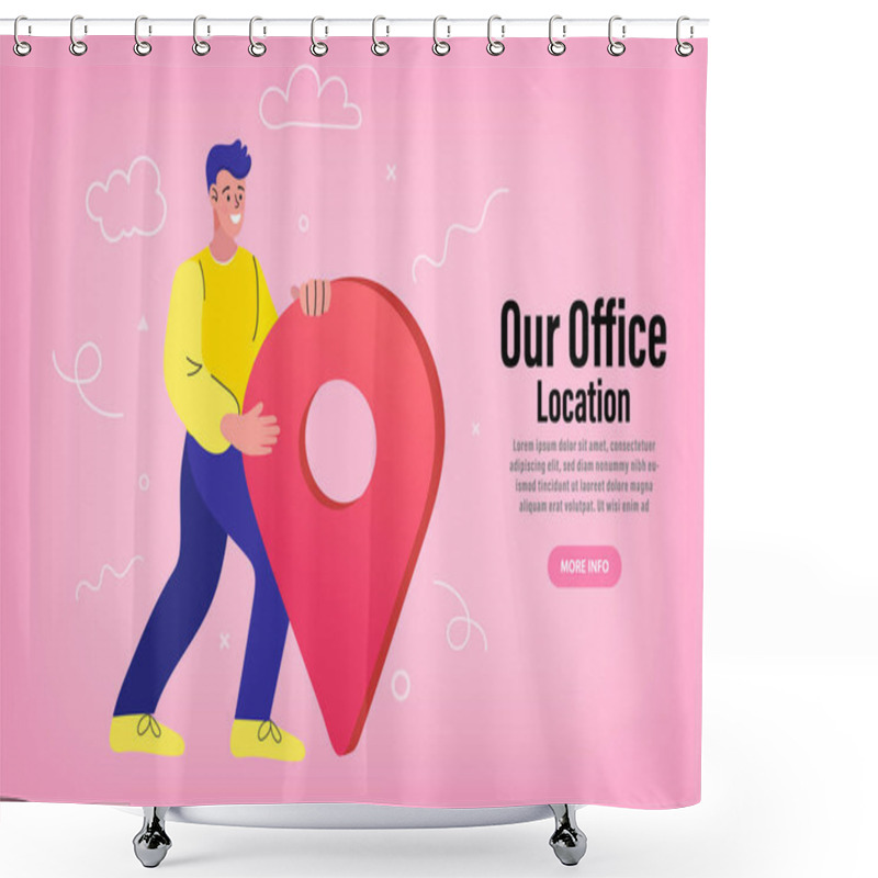 Personality  Man Is Standing Close To Big Map Pointer. Our Office Location. Travel Or Navigation Service, Online Locator. Modern Flat Vector Illustration. Shower Curtains