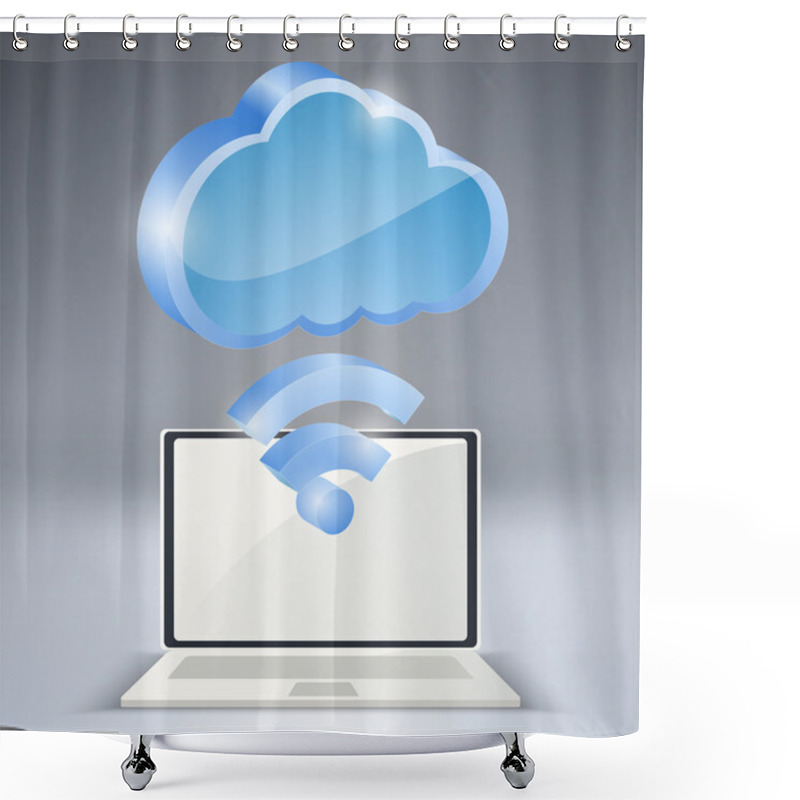 Personality  Laptop And Wireless Network Cloud. Vector Illustration. Shower Curtains