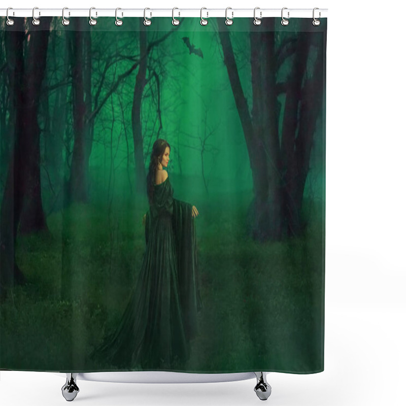 Personality  Dark Queen Of Otherworldly Forces Leads Into Realm Of Dead Souls. Bloody Vampire In Long Velor Emerald Dress Lures Into Her Lair, Lost Pretty Princess With Dark Hair Lost Her Way And Follows Bat Shower Curtains