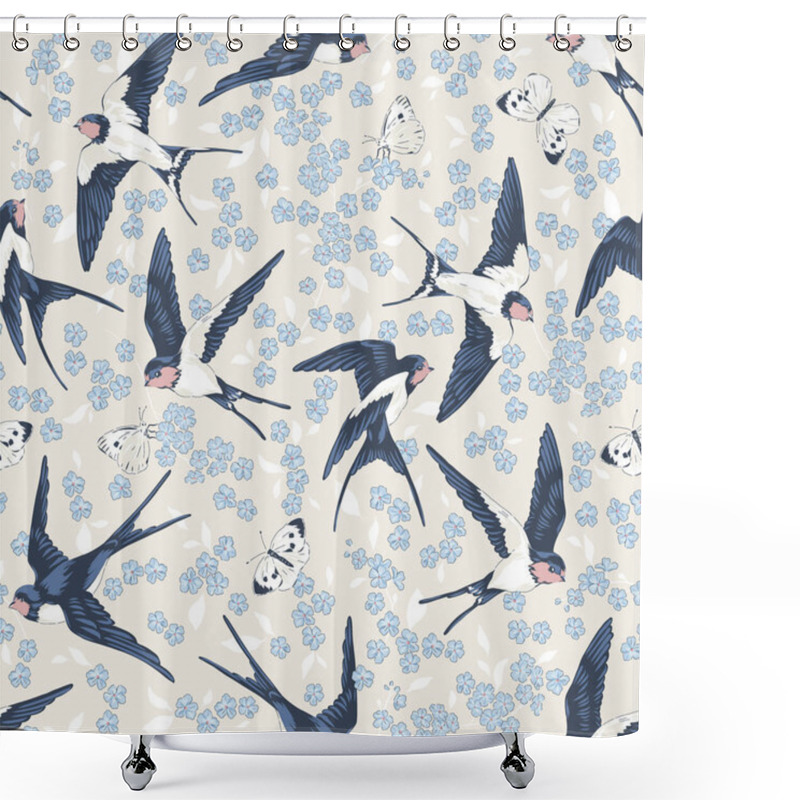 Personality  Barn Swallow Bird Fly With Forget-me-not Flowers And Butterflies Vector Seamless Pattern.  Shower Curtains