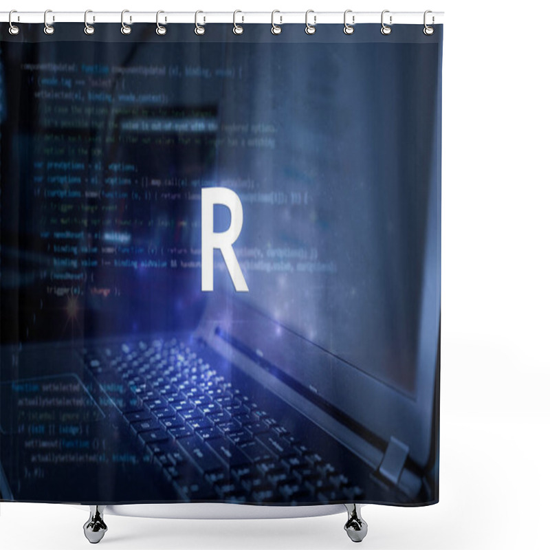 Personality  R Programming Language Inscription Against Laptop And Code Background. Learn R, Computer Courses, Training.  Shower Curtains