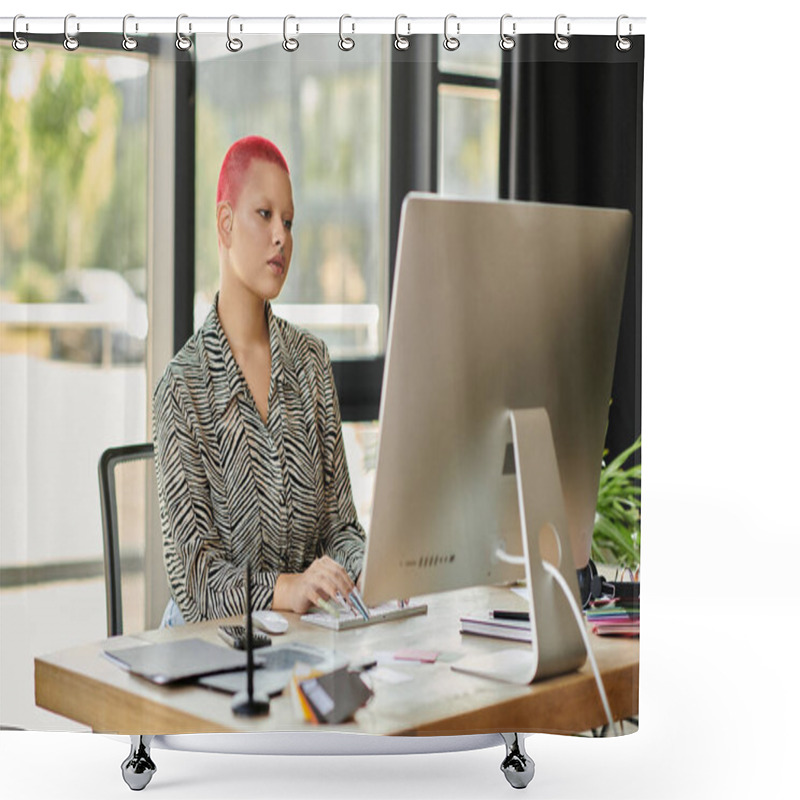 Personality  A Determined Bald Woman With Vibrant Hair Is Engaged In Her Work At A Stylish Desk. Shower Curtains