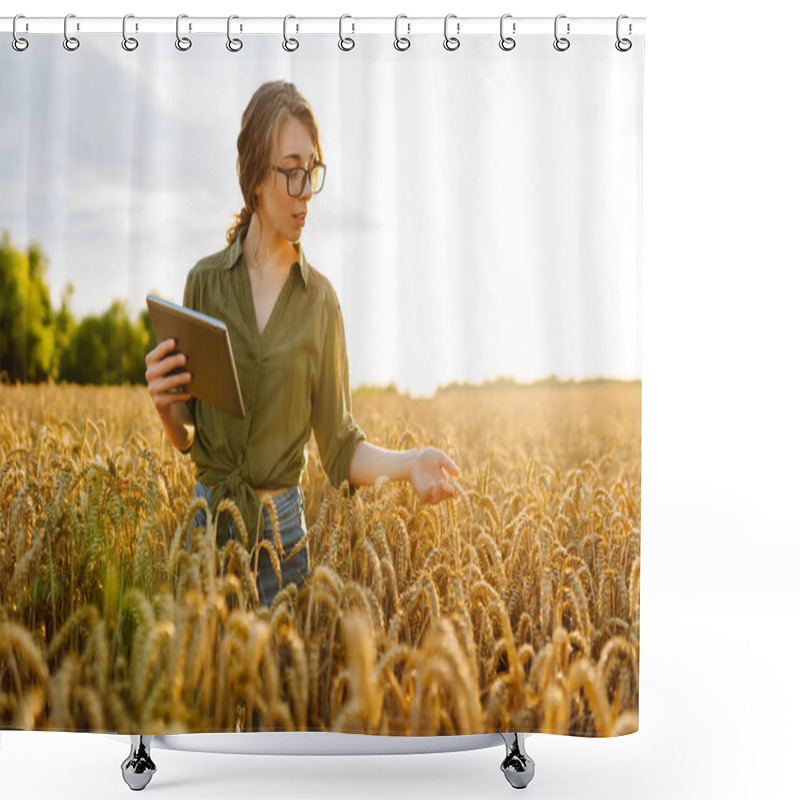 Personality  European Female Farmer In Shirt Holding A Tablet And Checking Wheat Quality. Agriculture, Gardening, Business Or Ecology Concept. Shower Curtains