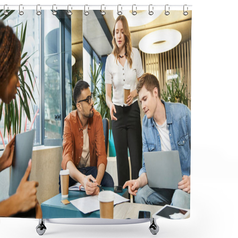 Personality  A Diverse Group Of Colleagues Engaged In A Collaborative Work Session, Seated Around A Table, Each Focused On Their Laptops. Shower Curtains