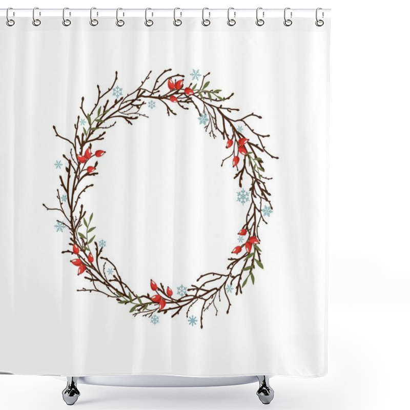 Personality  Round Wreath With Black Branches And Twigs, Snowflakes And Red Rose Hip Berries. Shower Curtains