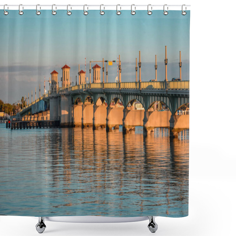 Personality  St. Augustine, Florida. January 26 , 2019. Illuminated Bridge Of Lions On Sunset Background In Florida's Historic Coast Shower Curtains