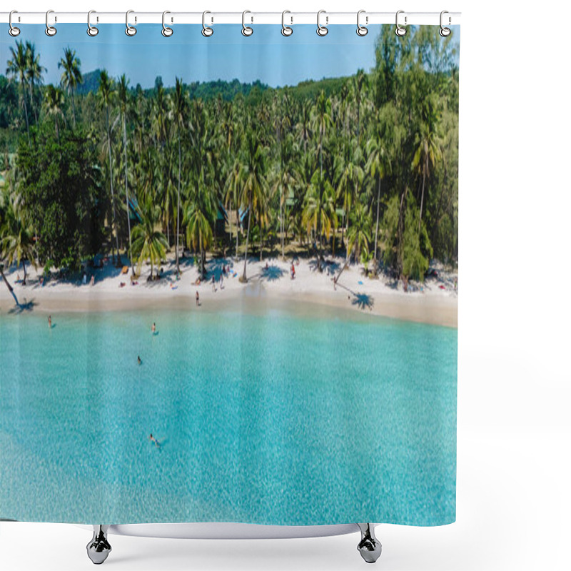 Personality  Soft Waves Lap Against The Pristine Shore, Where People Enjoy The Sun And Clear Turquoise Waters. Tall Palm Trees Sway Gently, Creating A Serene Tropical Atmosphere In Koh Kood. Shower Curtains