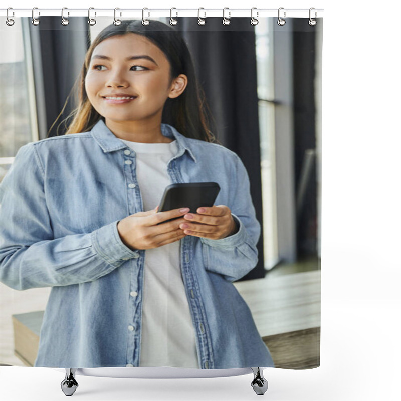 Personality  Beautiful And Ambitious Asian Businesswoman Holding Mobile Phone, Smiling And Looking Away Near Window In Contemporary Office, Blue Denim Shirt, Brunette Hair, Radiant Smile Shower Curtains