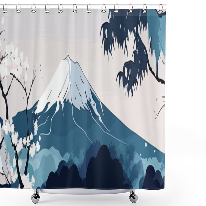 Personality  Snow-covered Mount Fuji And Cherry Blossoms Against The Sky. For Your Design. Shower Curtains