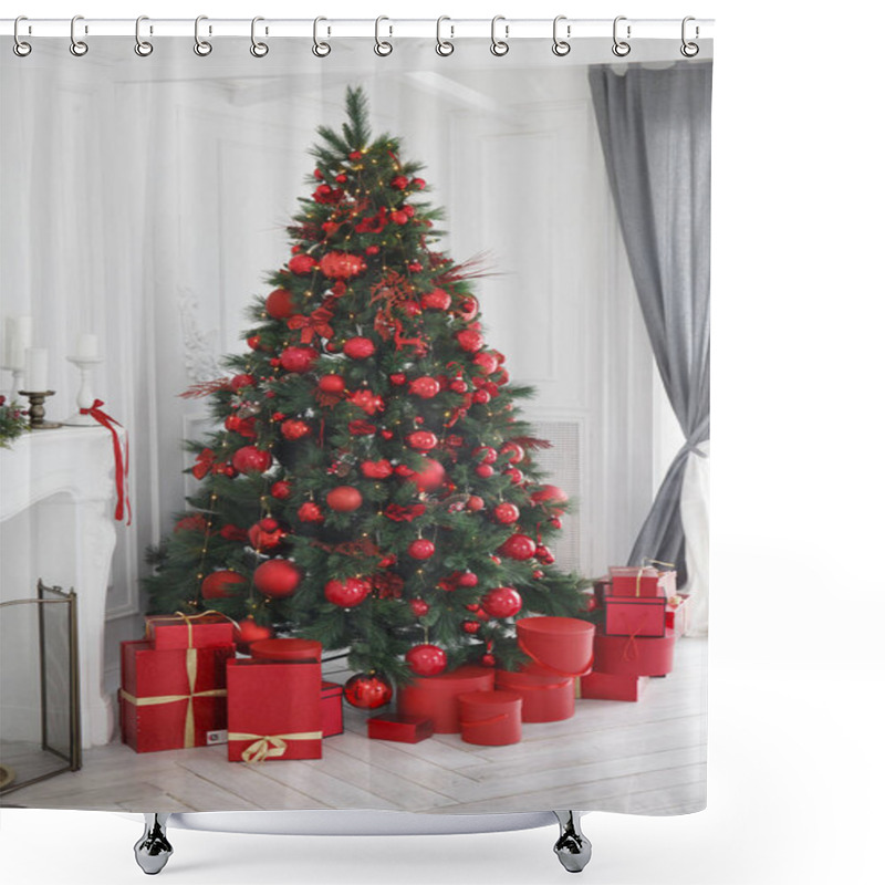 Personality  Christmas, New Year White Interior With Decorated Fir Tree, Red Balls, Red Gifts Boxes, Grey Curtains Shower Curtains