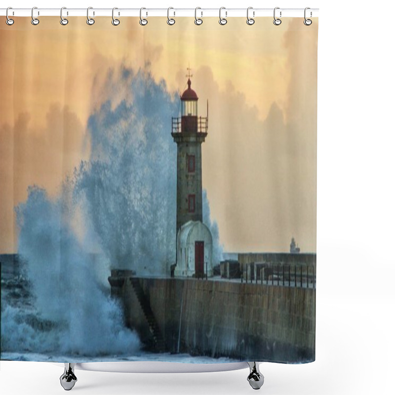 Personality  Storm In Oporto Lighthouse, Portugal Shower Curtains