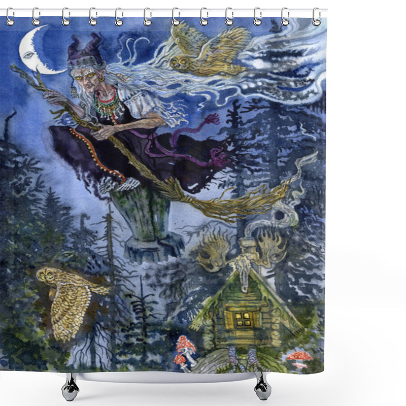 Personality  Baba Yaga The Witch From Slavic Folklore. She Lives In The Forest In A Hut On Chicken Leg And Flies In A Mortar Covering Her Tracks With A Broom. Watercolor Illustration. Moon, Owls, Mushrooms, Woods. Shower Curtains