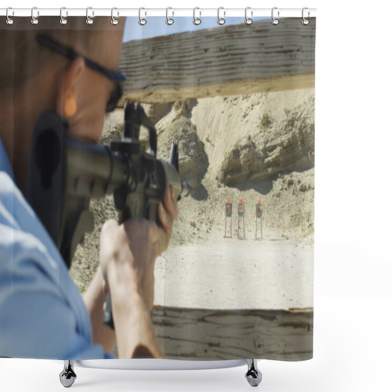 Personality  Man Aiming Machine Gun At Firing Range Shower Curtains