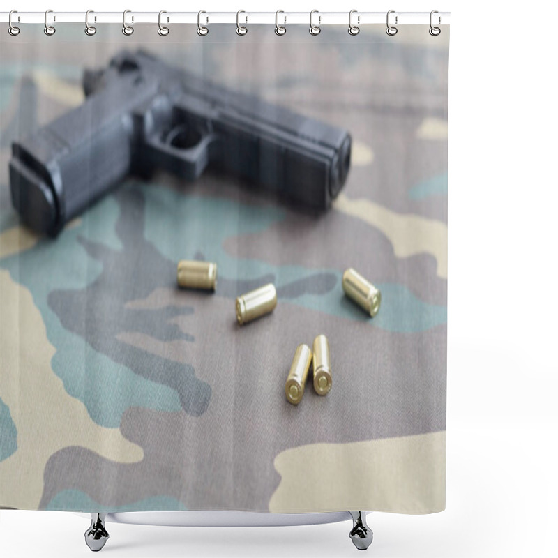 Personality  9mm Bullets And Pistol Lie On Camouflage Green Fabric. A Set Shooting Range Items Or A Self-defense Kit Shower Curtains