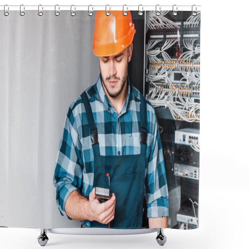 Personality  Handsome Technician Holding Digital Meter Near Wires And Cables  Shower Curtains