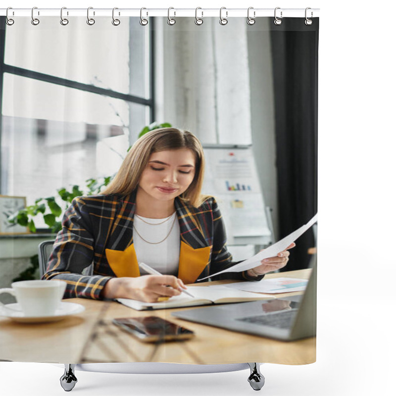 Personality  Attractive Young Woman Wearing A Checkered Blazer Focuses On Work At Her Desk In An Office. Shower Curtains