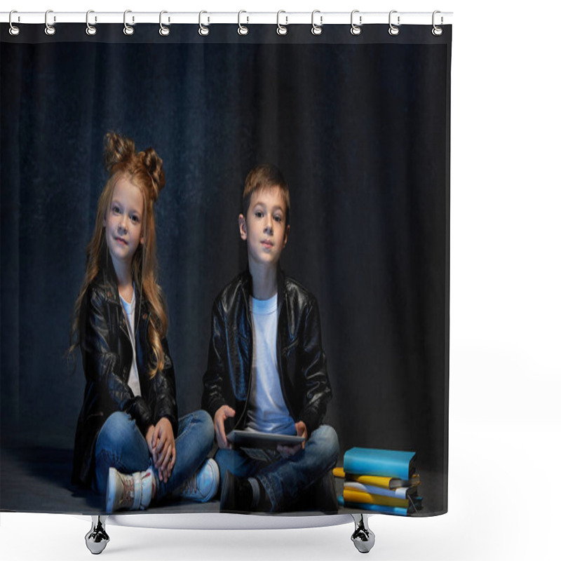 Personality  Studio Shot Of Two Children With Laptop Shower Curtains