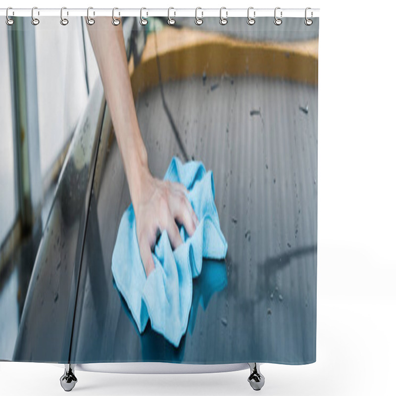 Personality  Panoramic Shot Of Man Cleaning Wet Car With Blue Rag  Shower Curtains