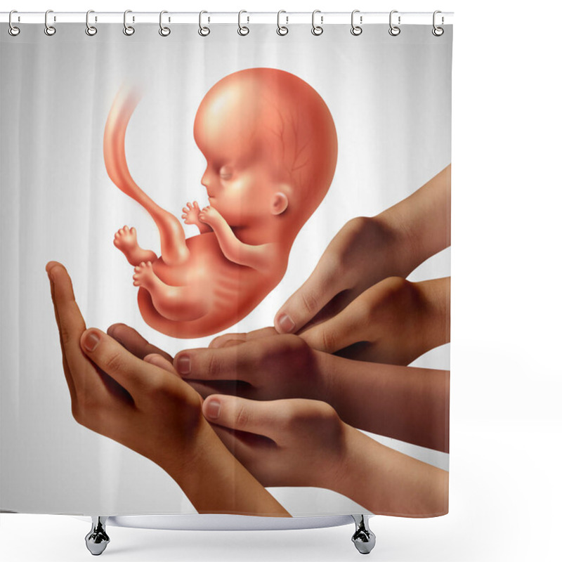 Personality  Synthetic Embryo And Model Embryos As A Team Of Researchers Holding A Human Fetus As A Symbol For Genetics And Obstetrics Or Early Pregnancy In A 3D Illustration Style. Shower Curtains