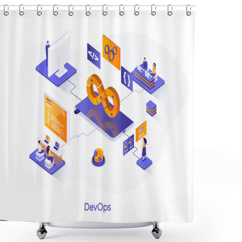 Personality  DevOps Isometric Web Banner. Development Operations Isometry Concept. Programming And Engineering Service 3d Scene, Computer System Administration Design. Vector Illustration With People Characters. Shower Curtains