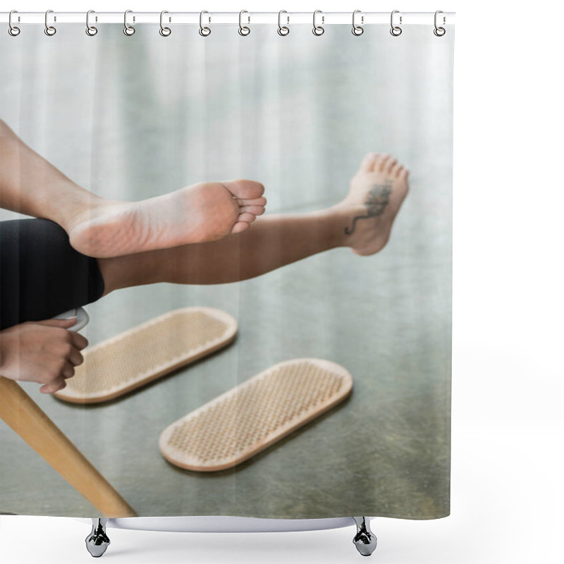 Personality  Partial View Of Tattooed Woman Showing Bare Feet After Nail Standing Practice In Yoga Studio  Shower Curtains