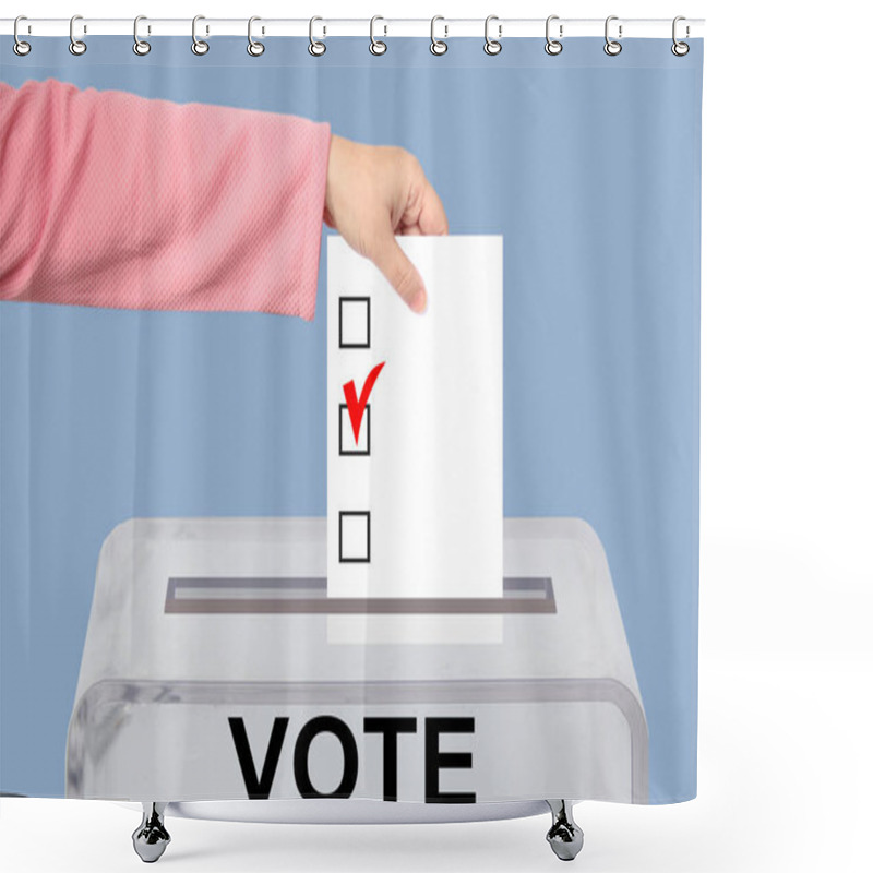 Personality  Voters Female Hand Lowers The Ballot In A Transparent Ballot Box On The Background, Concept Of State Elections, Referendum  Shower Curtains