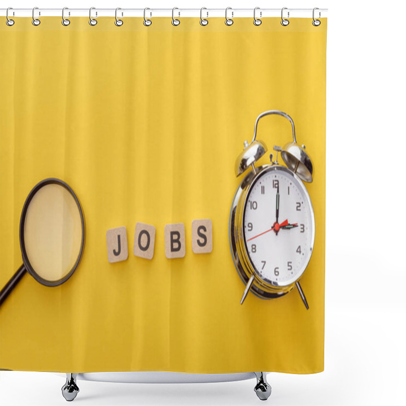 Personality  Top View Of Magnifying Glass, Clock And Cardboard Squares With Jobs Inscription On Yellow Background Shower Curtains