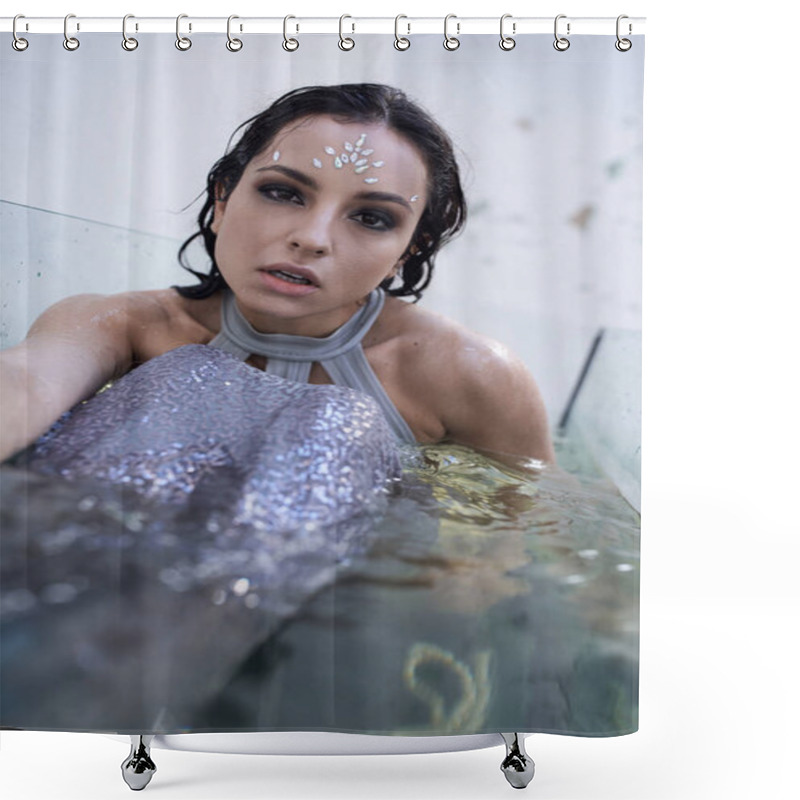 Personality  A Young Woman With Dark Hair And A Shimmering Tail Gazes Into The Camera, Submerged In A Water Tank. Shower Curtains