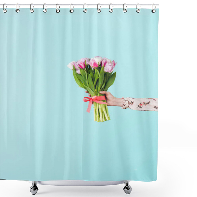 Personality  Partial View Of Girl Holding Bouquet Of Tulips, Isolated On Turquoise Shower Curtains