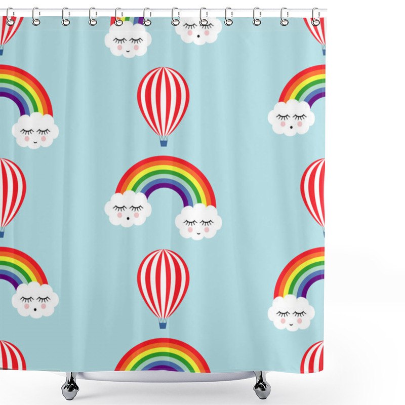 Personality  Smiling Sleeping Clouds, Rainbows And Hot Air Balloons Seamless Pattern. Shower Curtains