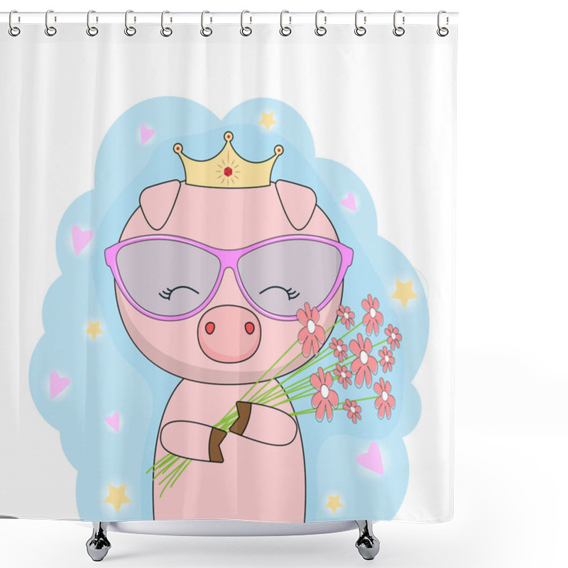 Personality  Little Cute Pig Princess With Gold Crown Holding A Bouquet Of Flowers Shower Curtains