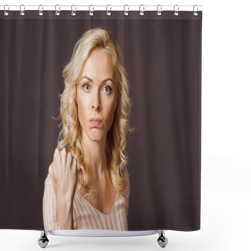 Personality  Angry Blonde Woman Looking At Camera And Showing Fist Isolated On Black  Shower Curtains