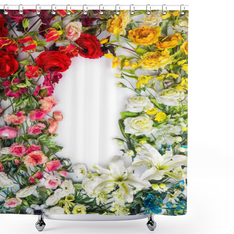 Personality  Top View Of Round Frame With Decoration Artificial Flowers, Branches, Leaves, Petals, Instruments And Paint. Isolated On White Background. Shower Curtains