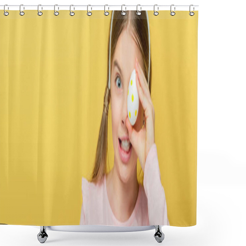 Personality  Panoramic Shot Of Emotional Kid With Bunny Ears Covering Eye With Dotted Easter Eggs Isolated On Yellow  Shower Curtains