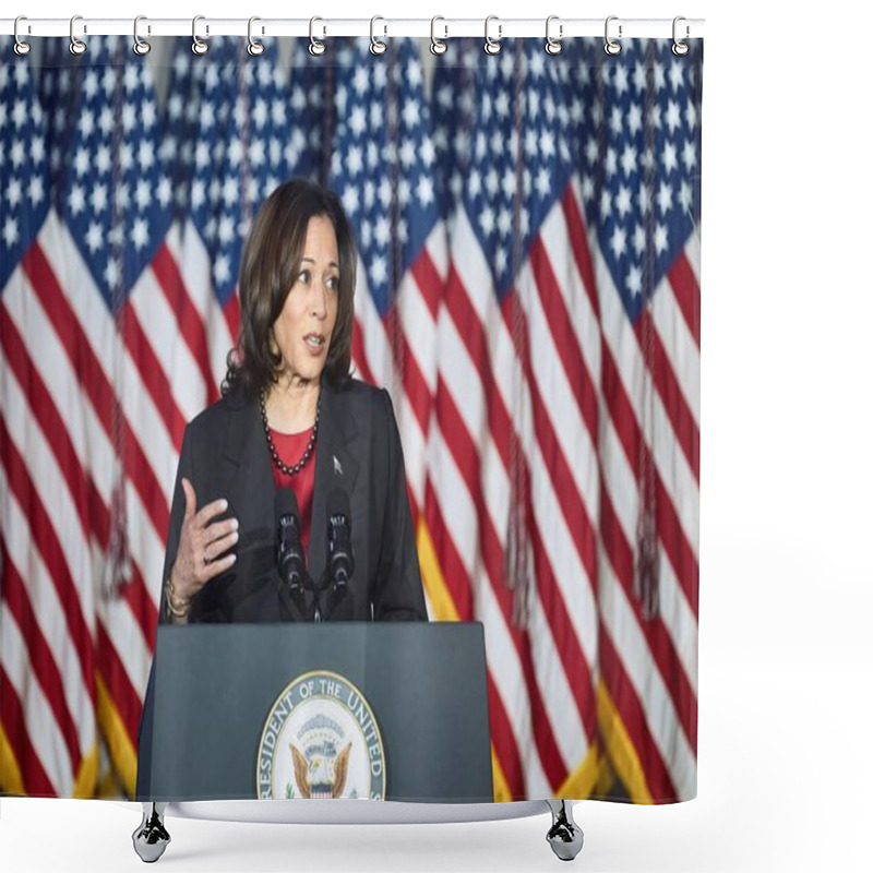 Personality  Washington D.C., USA - Dec 20 2023: Kamala Harris Delivering Remarks At A Political Event With Copyspace Shower Curtains