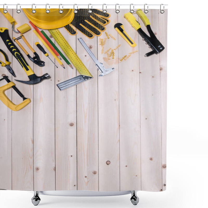 Personality  Top View Of Different Tools On Wooden Tabletop With Copy Space Shower Curtains