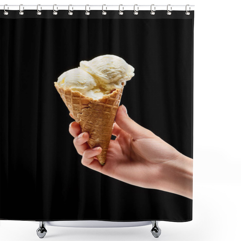 Personality  Cropped View Of Woman Holding Delicious Vanilla Ice Cream In Crispy Waffle Cone Isolated On Black  Shower Curtains