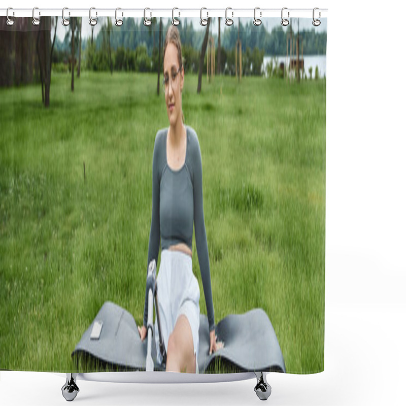 Personality  A Young Woman Exercises Outdoors, Showcasing Her Strength And Determination While Wearing Sportswear. Shower Curtains