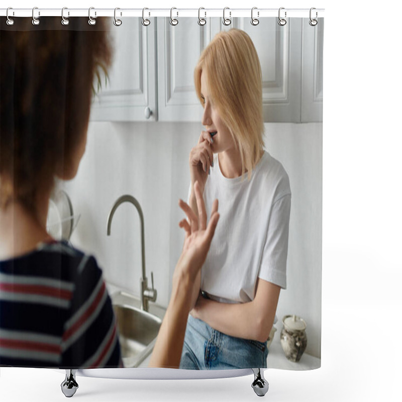 Personality  A Lesbian Couple Argues In The Kitchen, Their Faces Showing Displeasure And Frustration. Shower Curtains