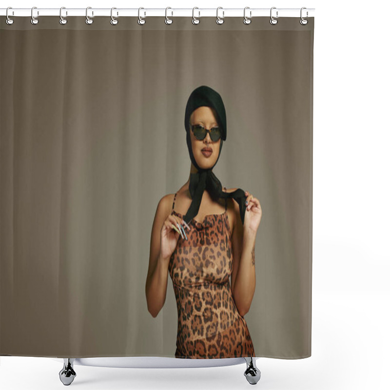 Personality  A Stylish Young Woman Poses Confidently In A Bold Leopard Dress Enhanced By Chic Accessories. Shower Curtains